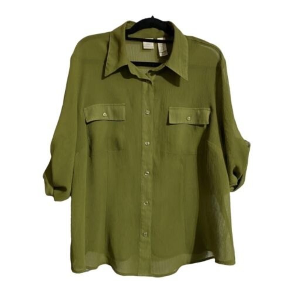 Emma James Women's Shirt Button-Front Crepe Sheer Collared Green Size 20W Plus - Picture 2 of 3